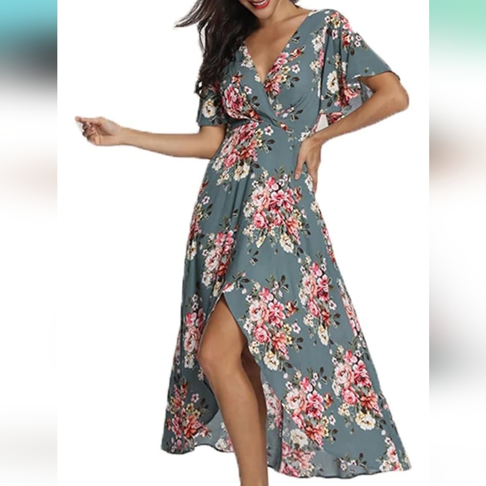 Floral Gray And Pink Maxi Dress - Size S
